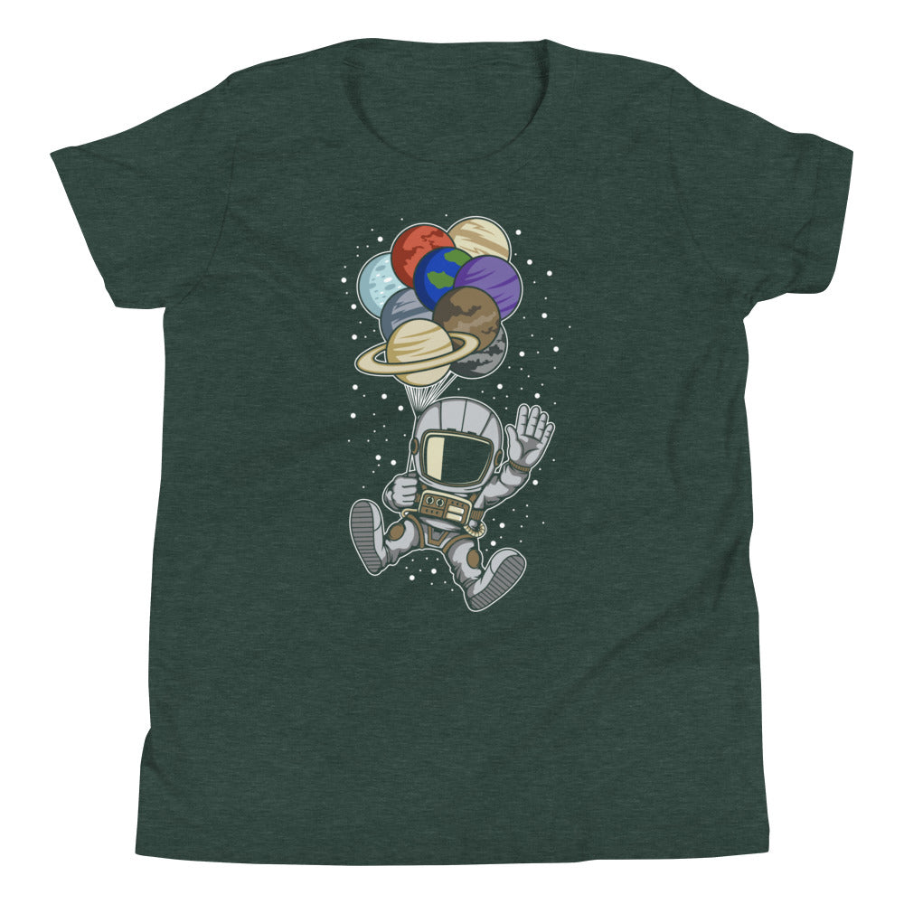 Astronaut Balloon Planets - Youth Short Sleeve T-Shirt - Heather Forest Front