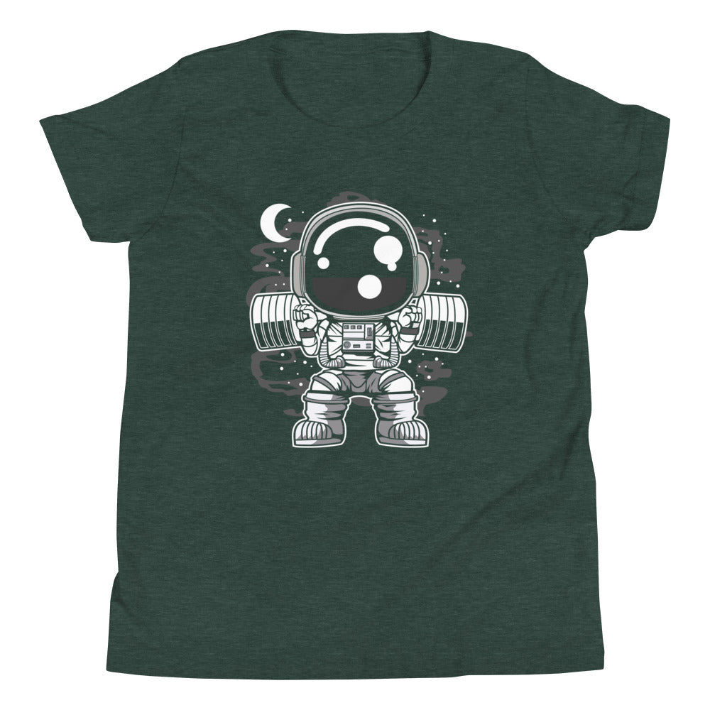 Astronaut Barbell Body Builder - Youth Short Sleeve T-Shirt - Heather Forest Front