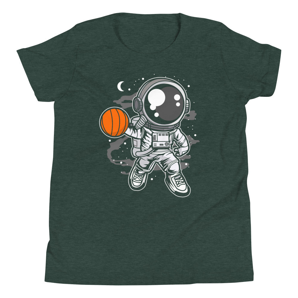 Astronaut Basketball - Youth Short Sleeve T-Shirt - Heather Forest Front