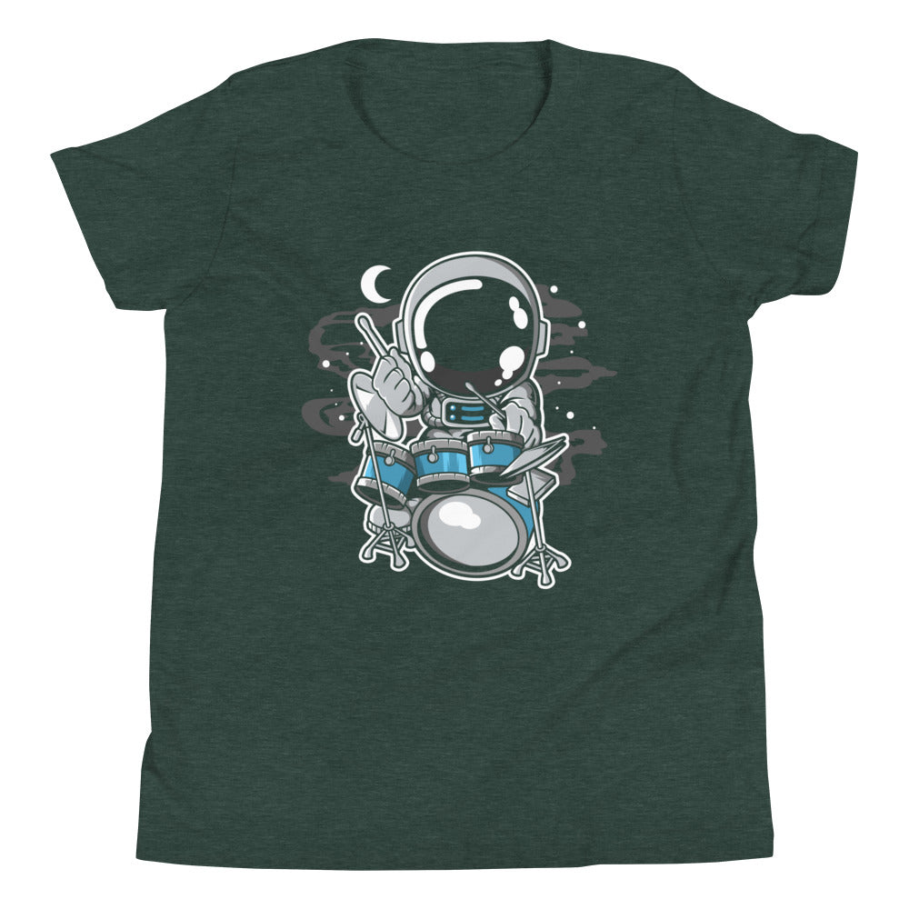 Astronaut Drummer - Youth Short Sleeve T-Shirt - Heather Forest Front