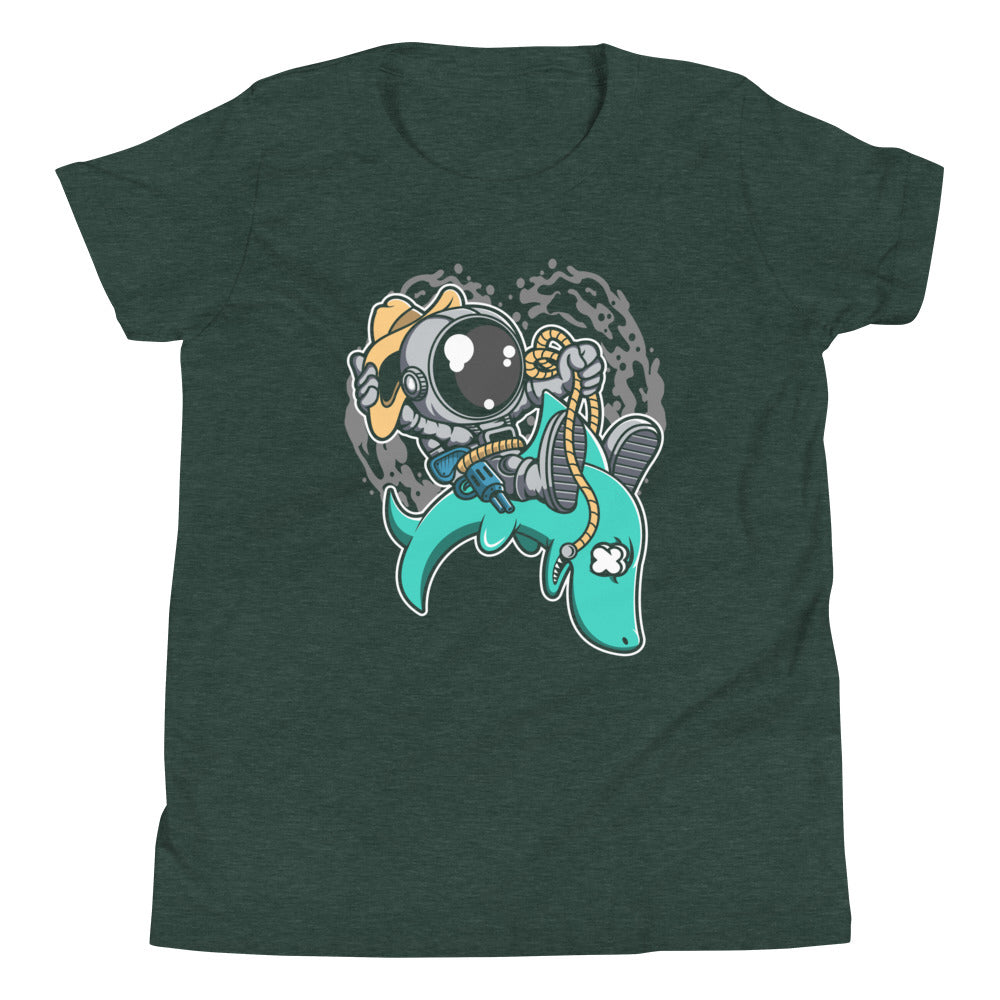 Astronaut Riding Shark - Youth Short Sleeve T-Shirt - Heather Forest Front