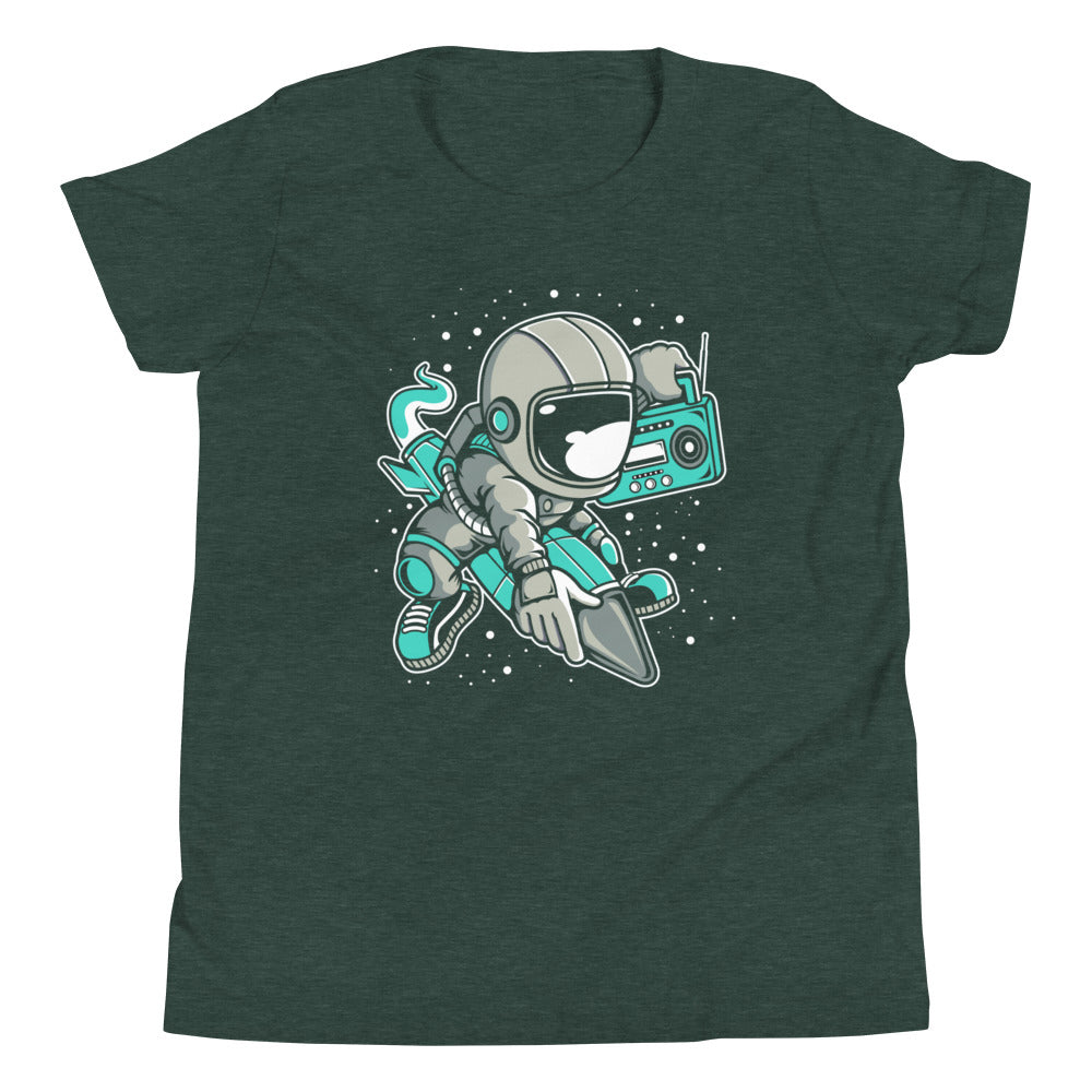 Astronaut Rocket - Youth Short Sleeve T-Shirt - Heather Forest Front