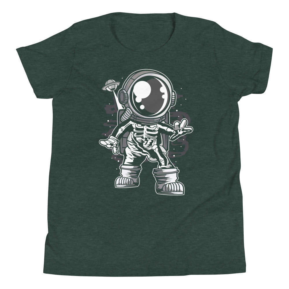 Astronaut Space Skeleton - Youth Short Sleeve T-Shirt - Heather Forest Front