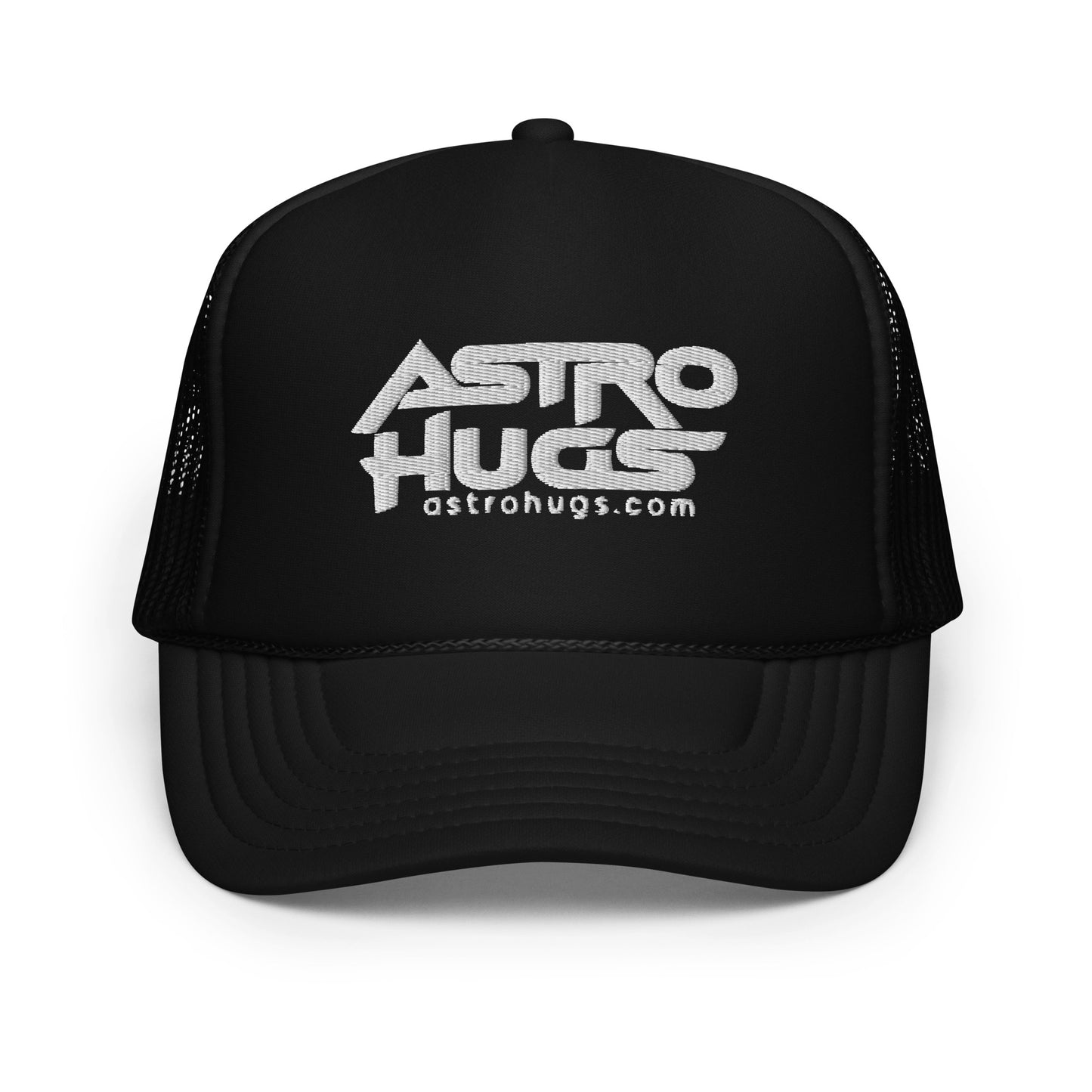 Astro Hugs White Logo - Foam trucker hat - Black Hat White Logo Front View