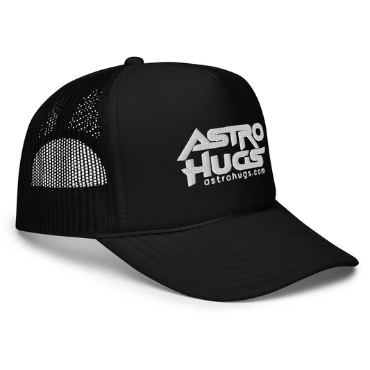 Astro Hugs White Logo - Foam trucker hat - Black hat White Logo Side View