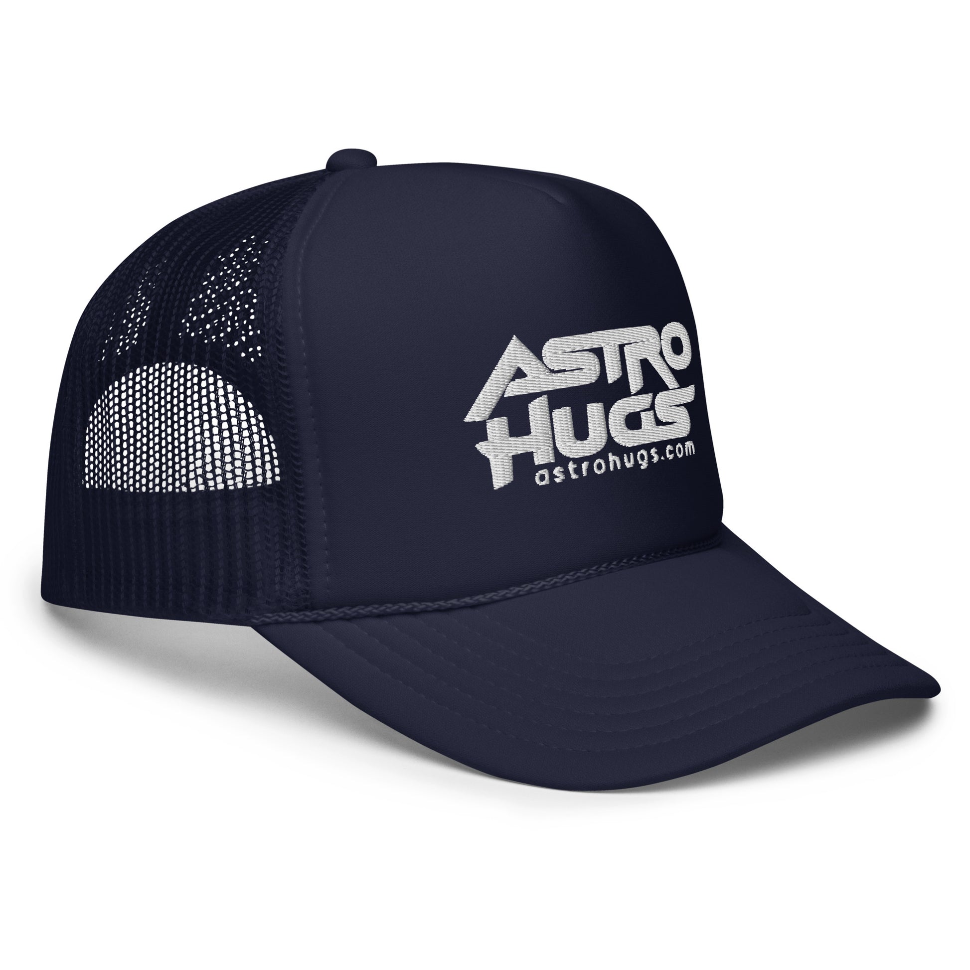 Astro Hugs White Logo - Foam trucker hat - Navy Hat White Logo Side View