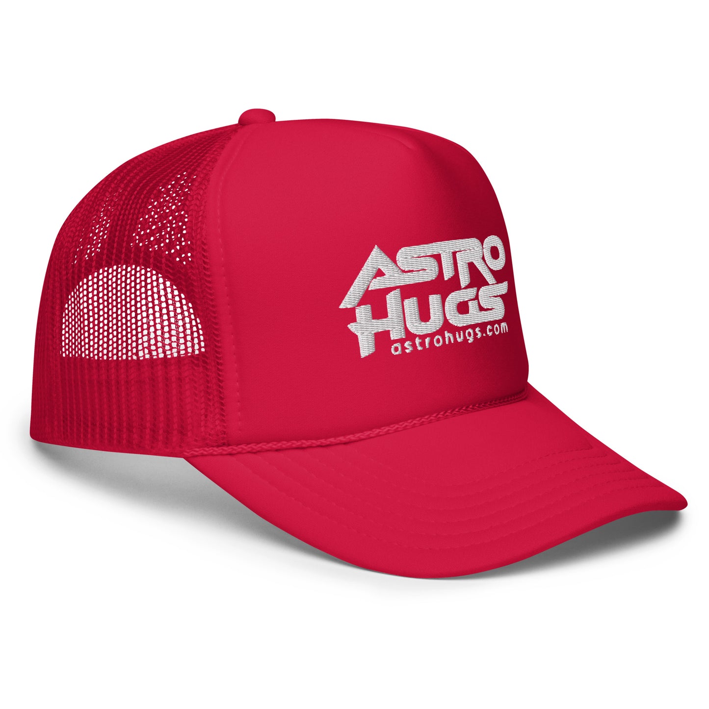 Astro Hugs White Logo - Foam trucker hat - Hat Red White Logo Side View