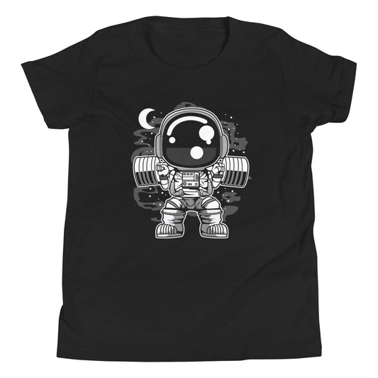 Astronaut Barbell Body Builder - Youth Short Sleeve T-Shirt - Black Front