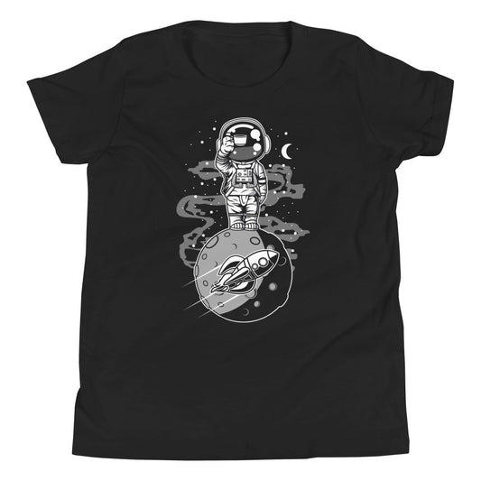 Astronaut Standing on the Moon - Youth Short Sleeve T-Shirt -Black Front