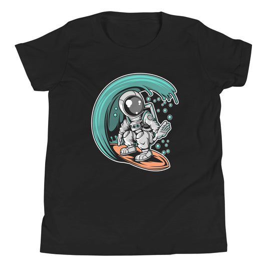 Astronaut Surfing - Youth Short Sleeve T-Shirt - Black Front