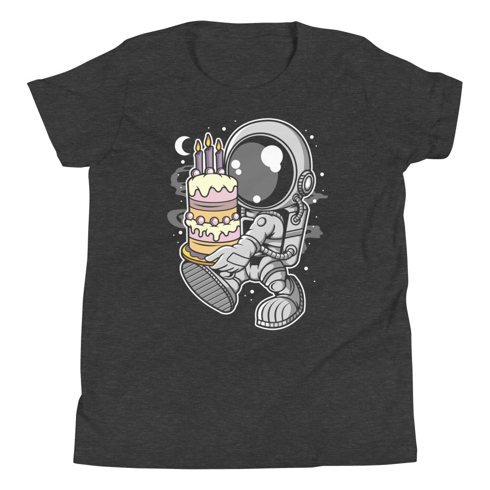 Astronaut Birthday Cake - Youth Short Sleeve T-Shirt - Dark Grey Heather Front