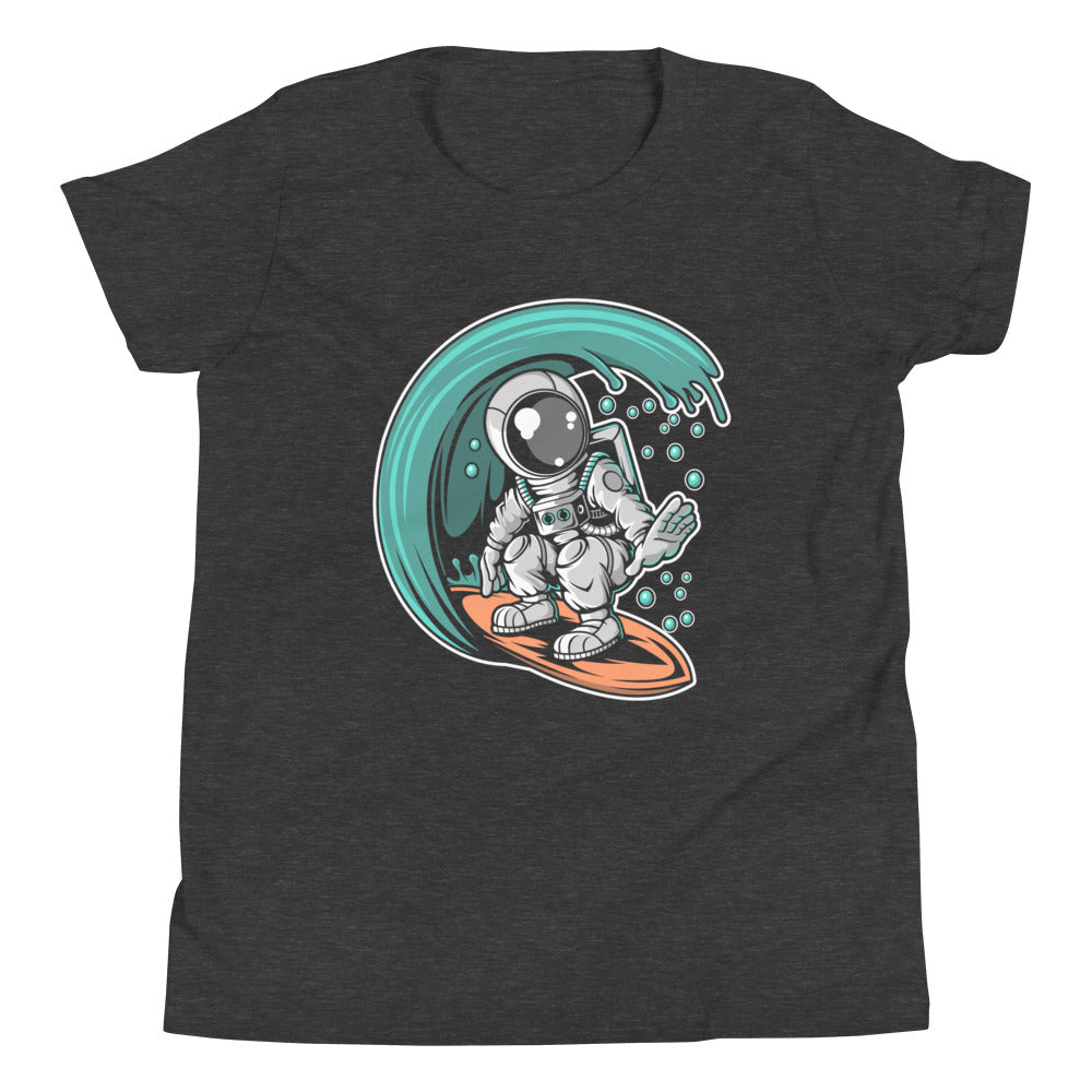 Astronaut Surfing - Youth Short Sleeve T-Shirt - Dark Grey Heather Front