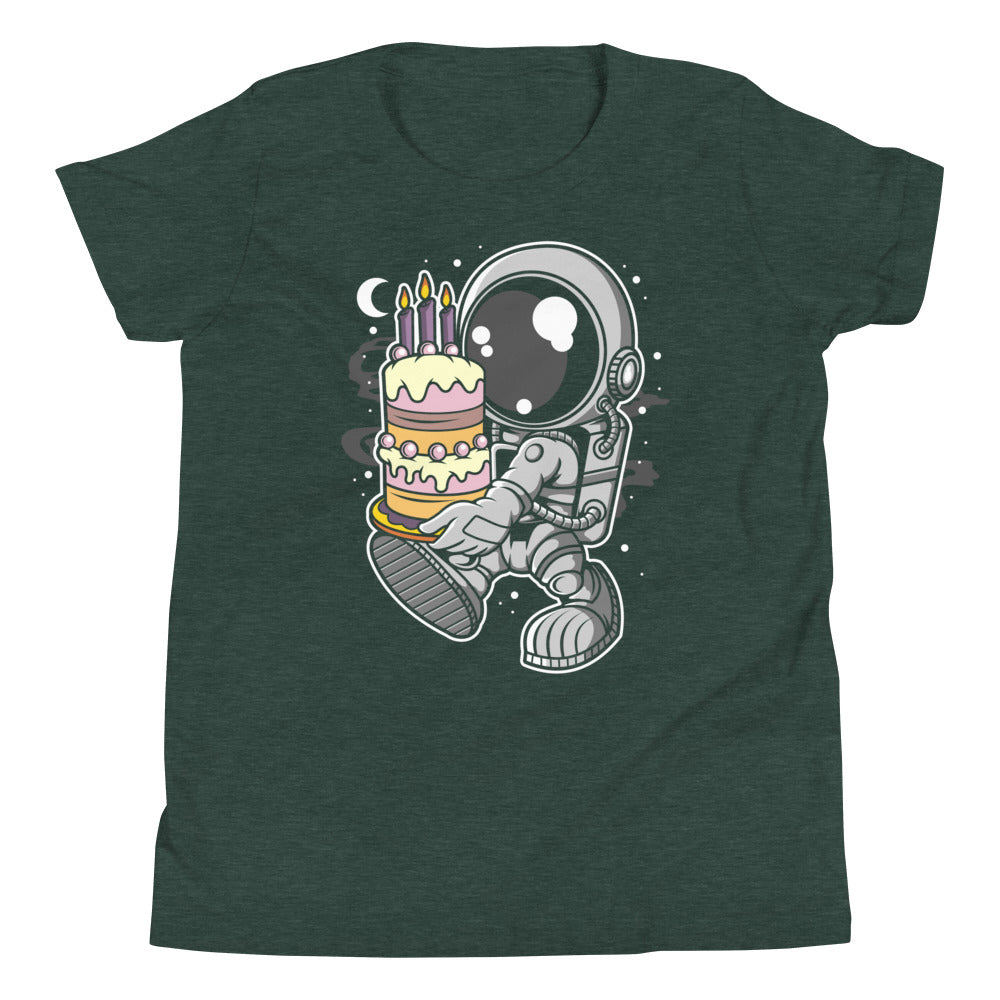 Astronaut Birthday Cake - Youth Short Sleeve T-Shirt - Heather Forest Front