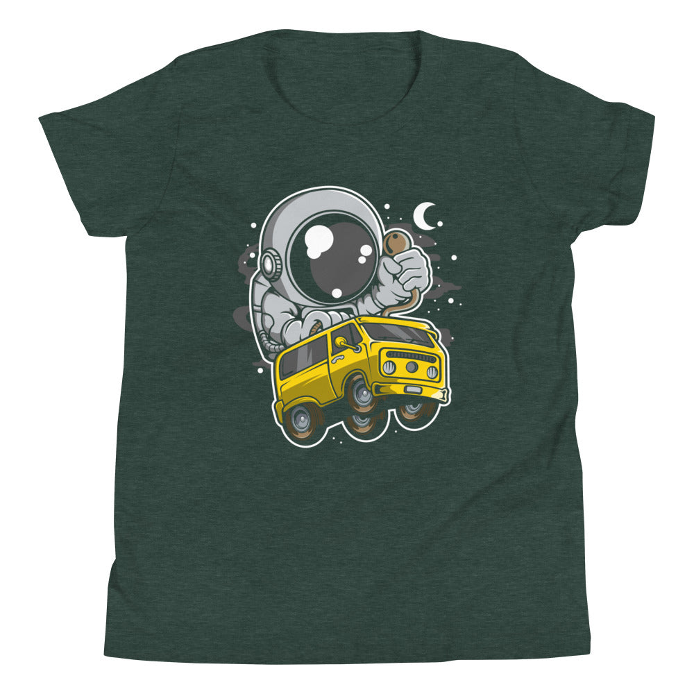 Astronaut Car Racer - Youth Short Sleeve T-Shirt - Heather Forest Front