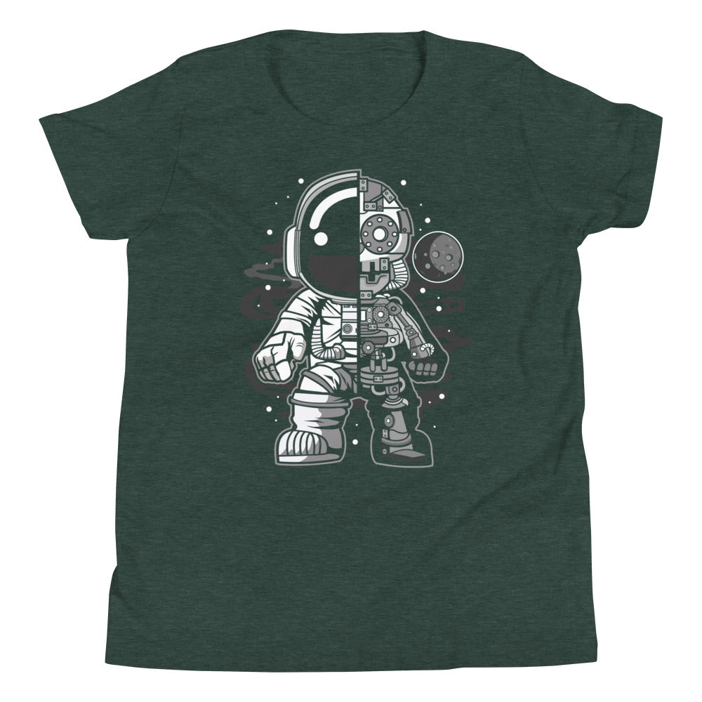 Astronaut Half Robot - Youth Short Sleeve T-Shirt - Heather Forest Front