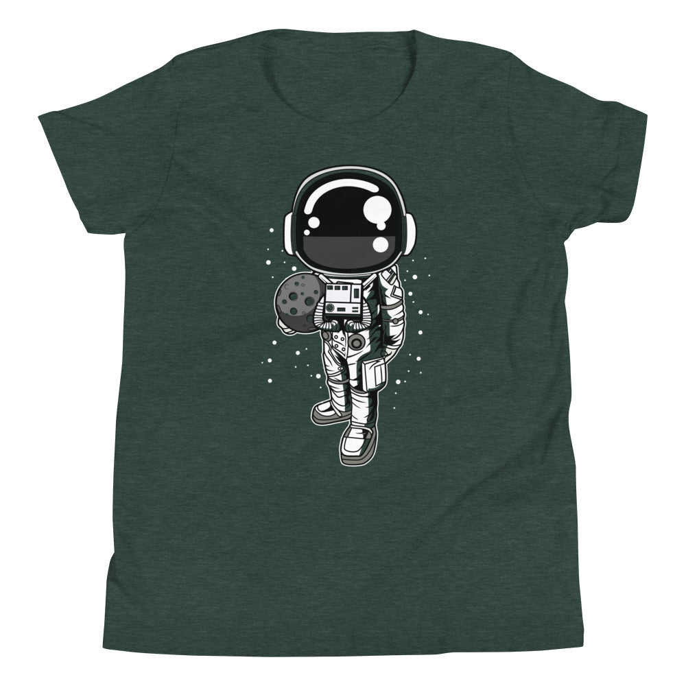 Astronaut Holding the Moon - Youth Short Sleeve T-Shirt - Heather Forest Front