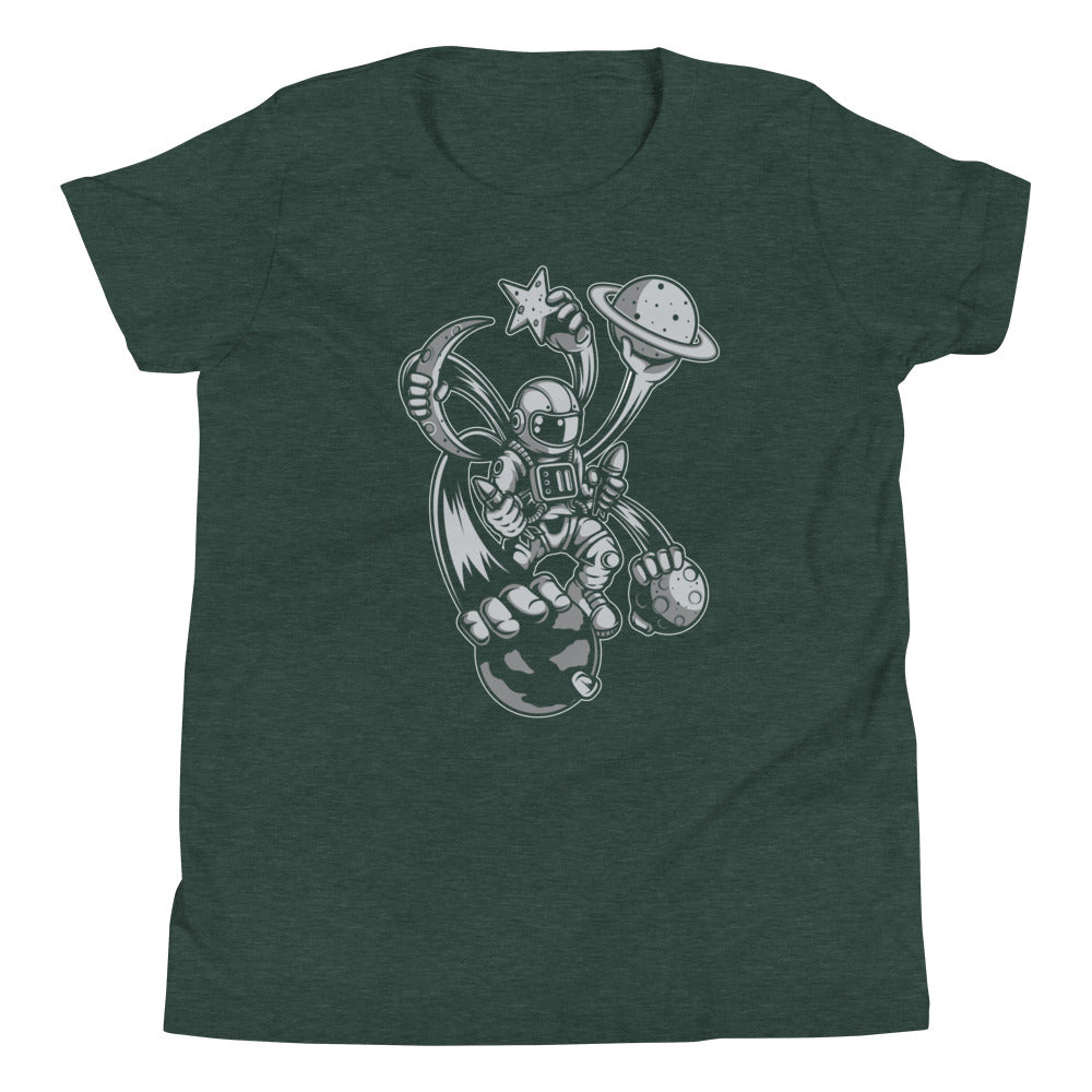 Astronaut Multiple Hands - Youth Short Sleeve T-Shirt - Heather Forest Front