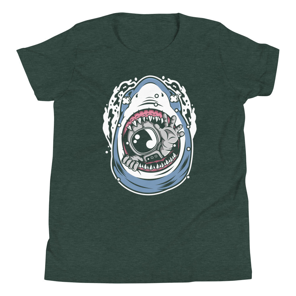 Astronaut Shark - Youth Short Sleeve T-Shirt - Heather Forest Front