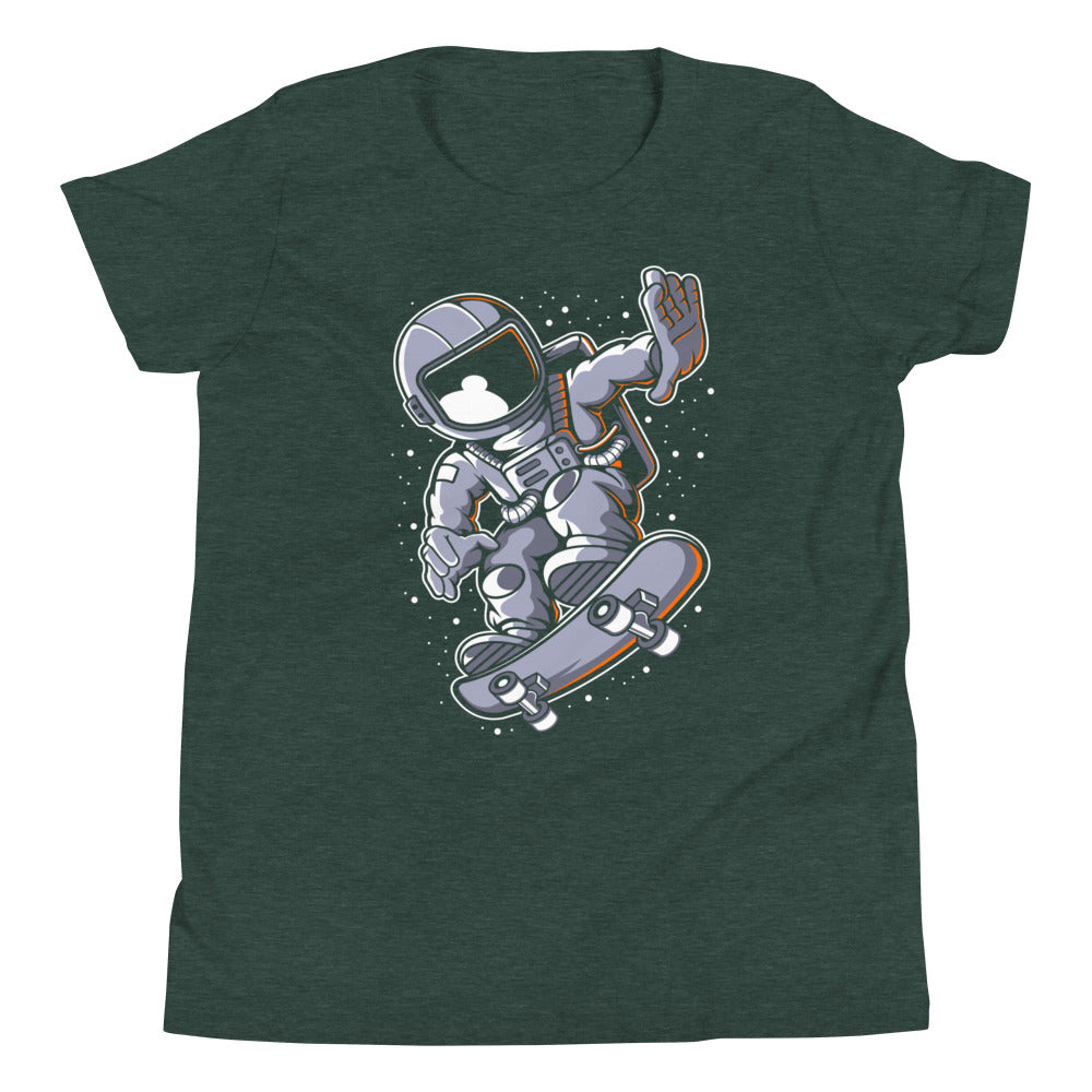 Astronaut Skateboard - Youth Short Sleeve T-Shirt - Heather Forest Front