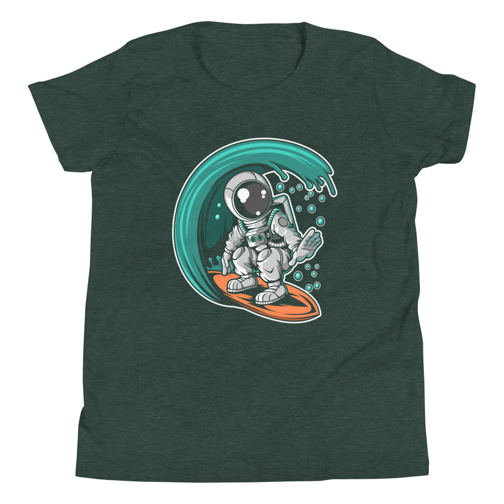 Astronaut Surfing - Youth Short Sleeve T-Shirt - Heather Forest Front