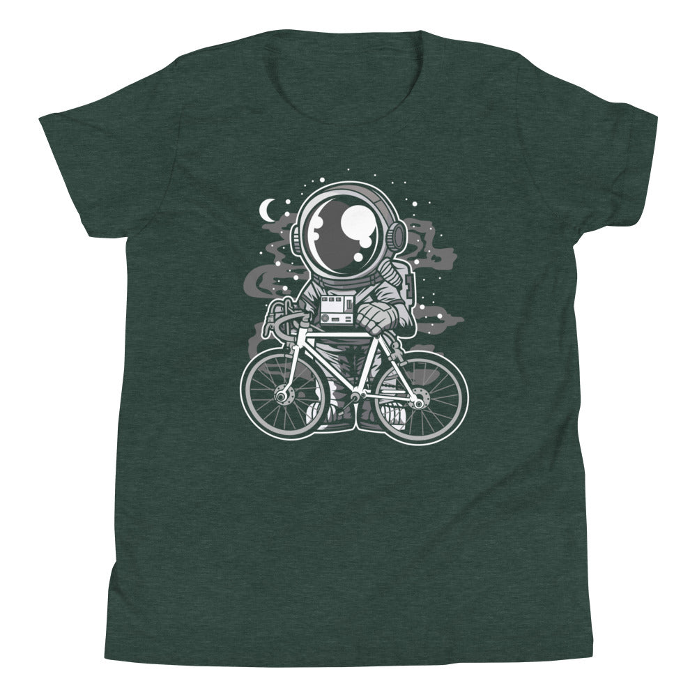 Astronaut Bicycle - Youth Short Sleeve T-Shirt - Heather Forest Front